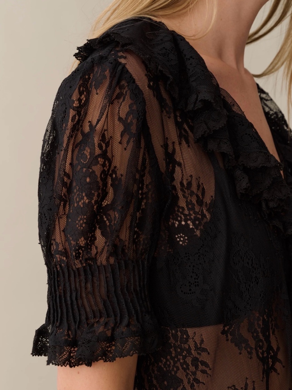 Black Lace Ruffled V-Neck Blouse